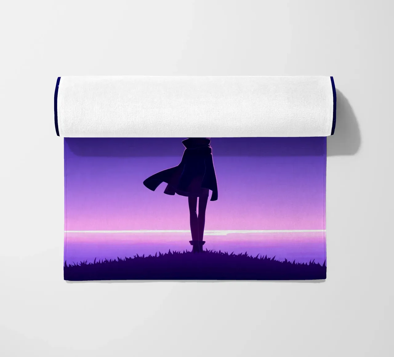 Ein Mädchen steht und schaut auf fallende Sterne Nacht Lofi Kunst Strandtuch von LoFi Gallery