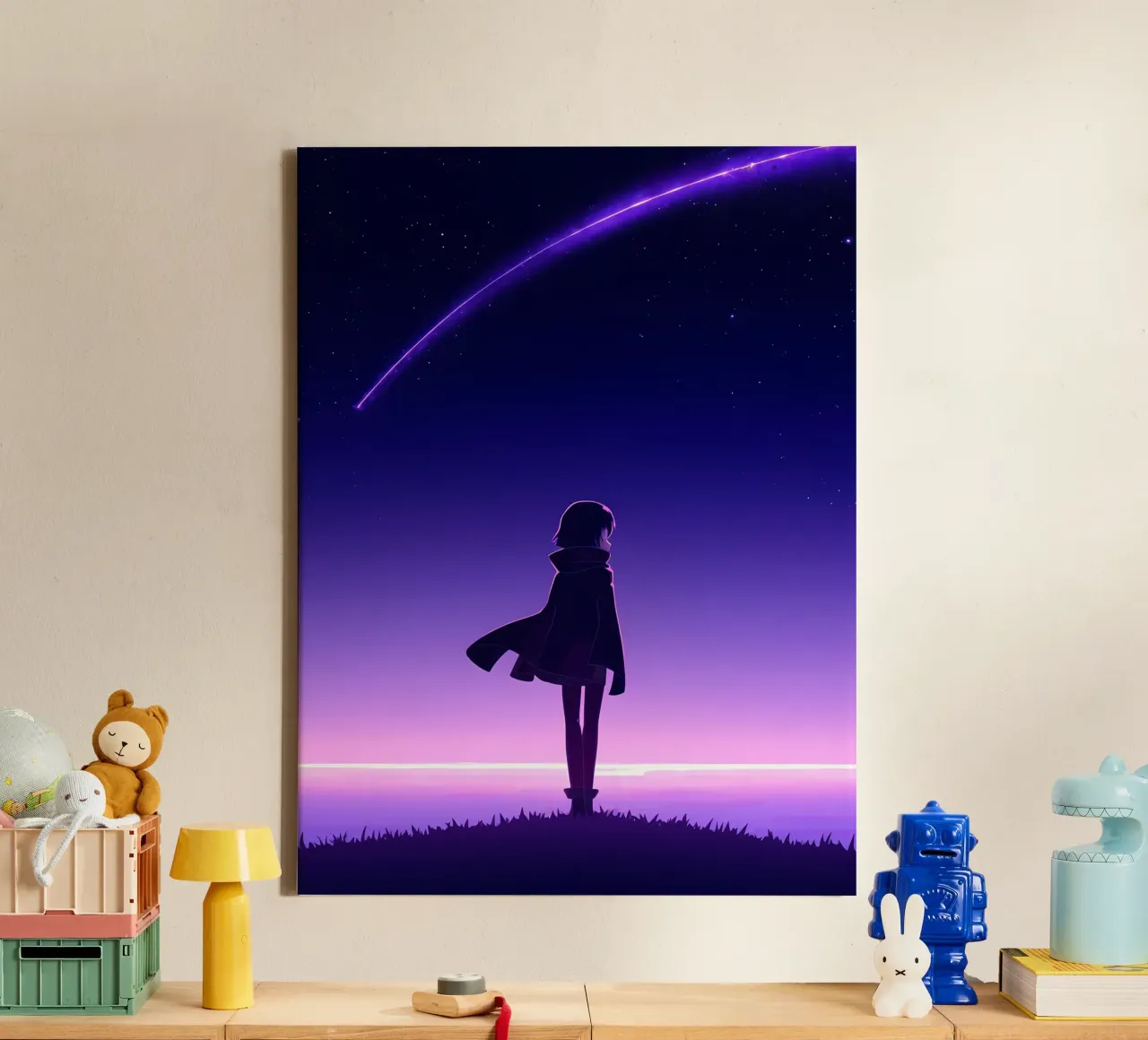 Ein Mädchen steht und schaut auf fallende Sterne Nacht Lofi Kunst Leinwand von LoFi Gallery