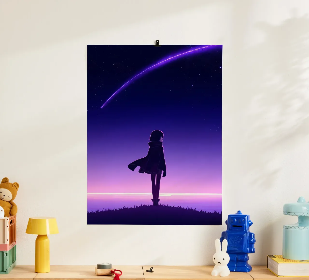 Ein Mädchen steht und schaut auf fallende Sterne Nacht Lofi Kunst Poster von LoFi Gallery