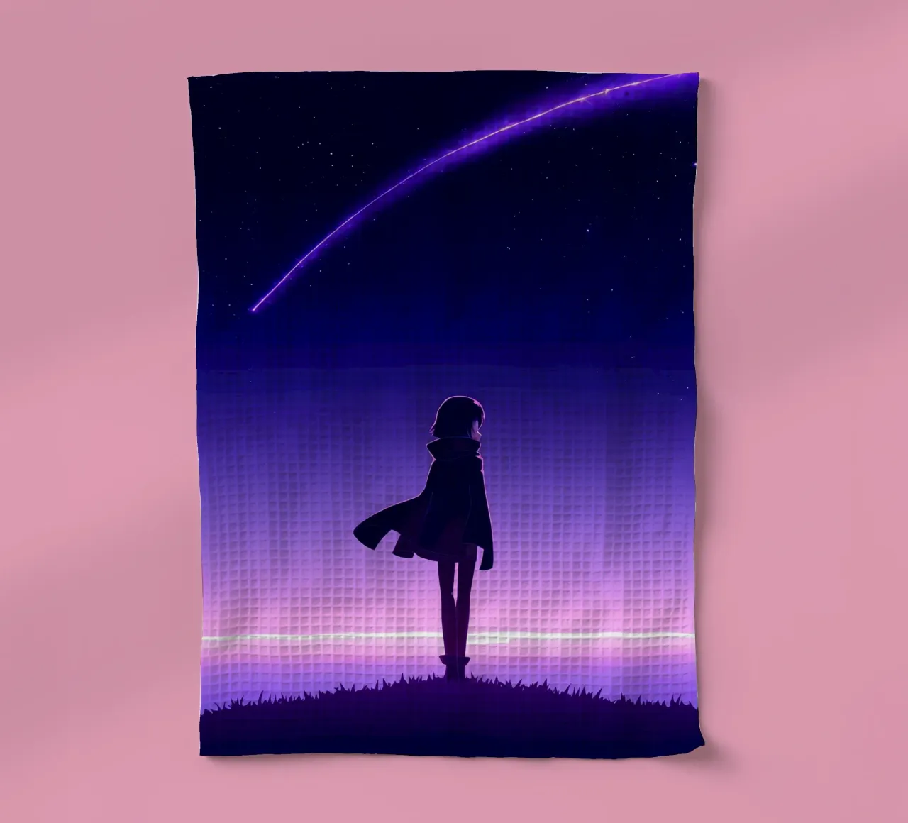 Una ragazza in piedi e guardando caduta stella notte Lofi Art canovaccio da cucina da LoFi Gallery