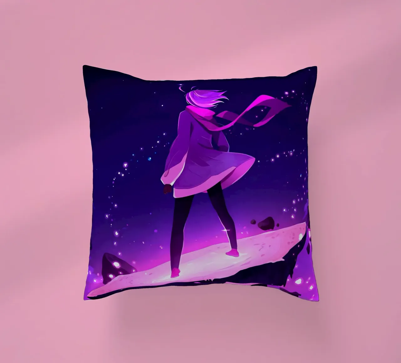 Una ragazza in piedi su un asteroide galleggiante Lofi Art cuscino da LoFi Gallery