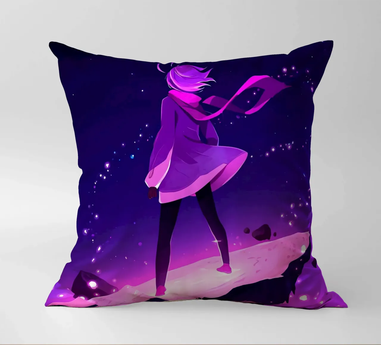 Una ragazza in piedi su un asteroide galleggiante Lofi Art cuscino da LoFi Gallery