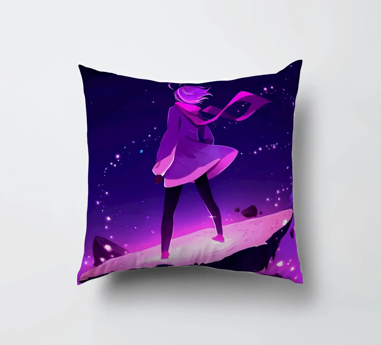 Una ragazza in piedi su un asteroide galleggiante Lofi Art cuscino da LoFi Gallery