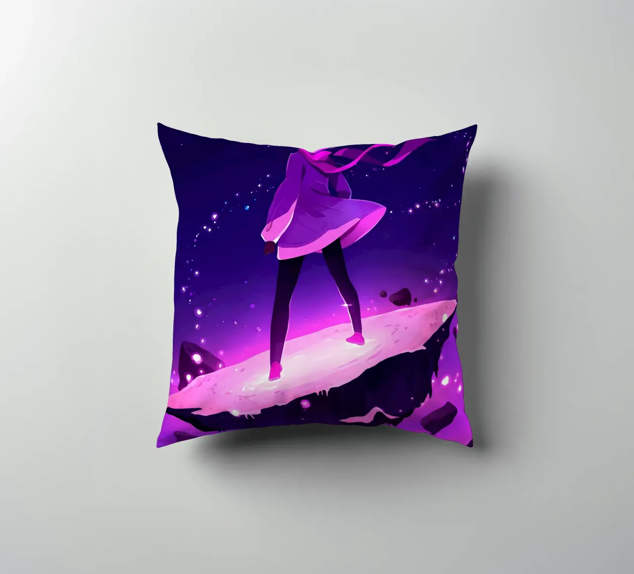 Una ragazza in piedi su un asteroide galleggiante Lofi Art cuscino da LoFi Gallery