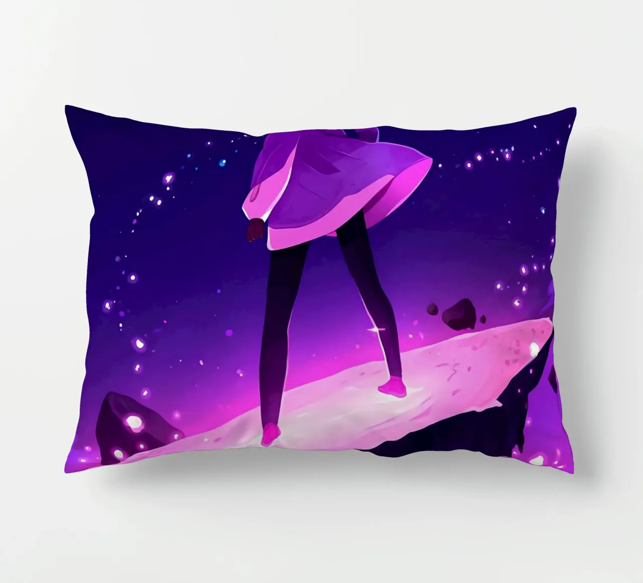 Una ragazza in piedi su un asteroide galleggiante Lofi Art cuscino da LoFi Gallery