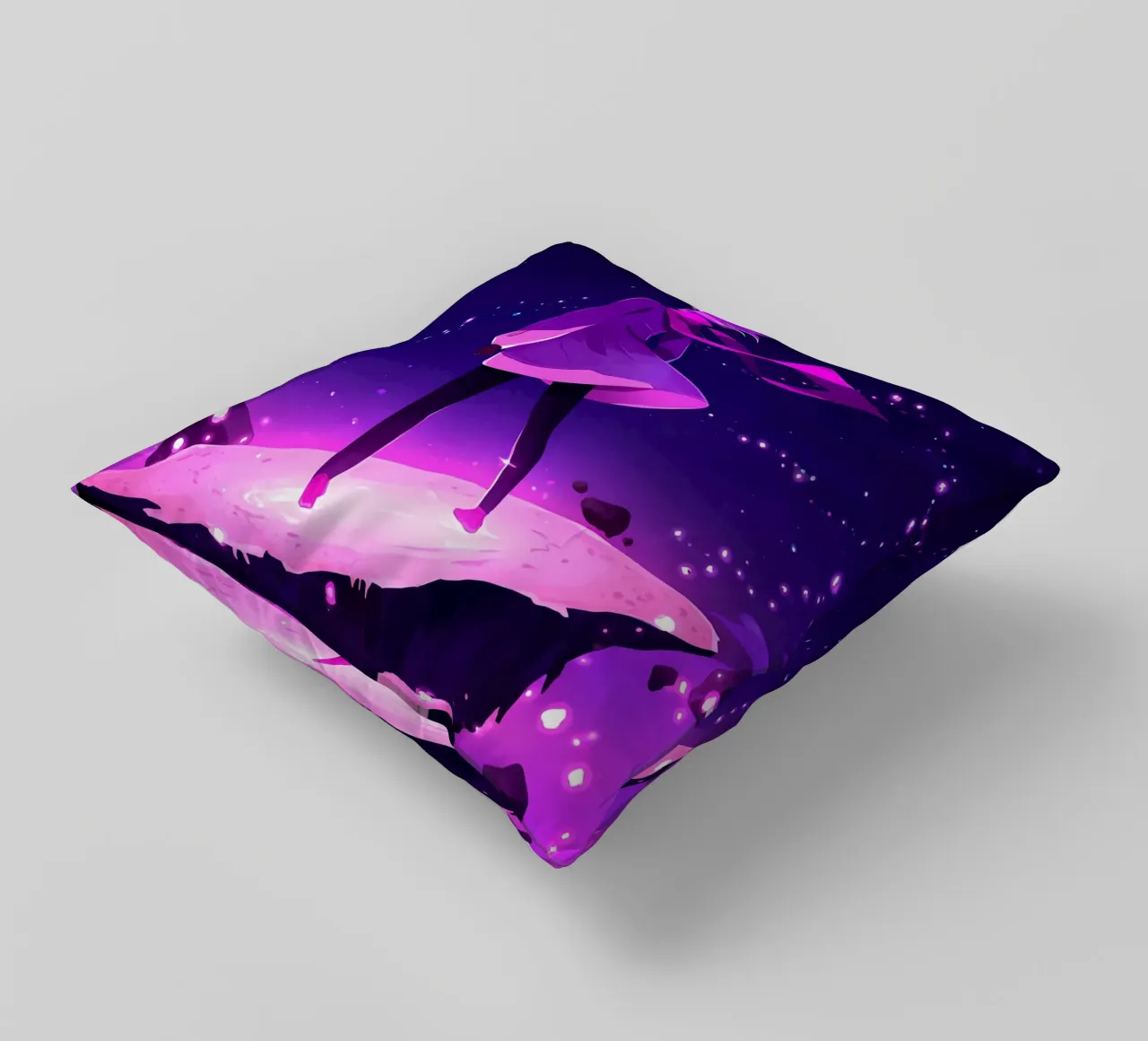 Una ragazza in piedi su un asteroide galleggiante Lofi Art cuscino da LoFi Gallery
