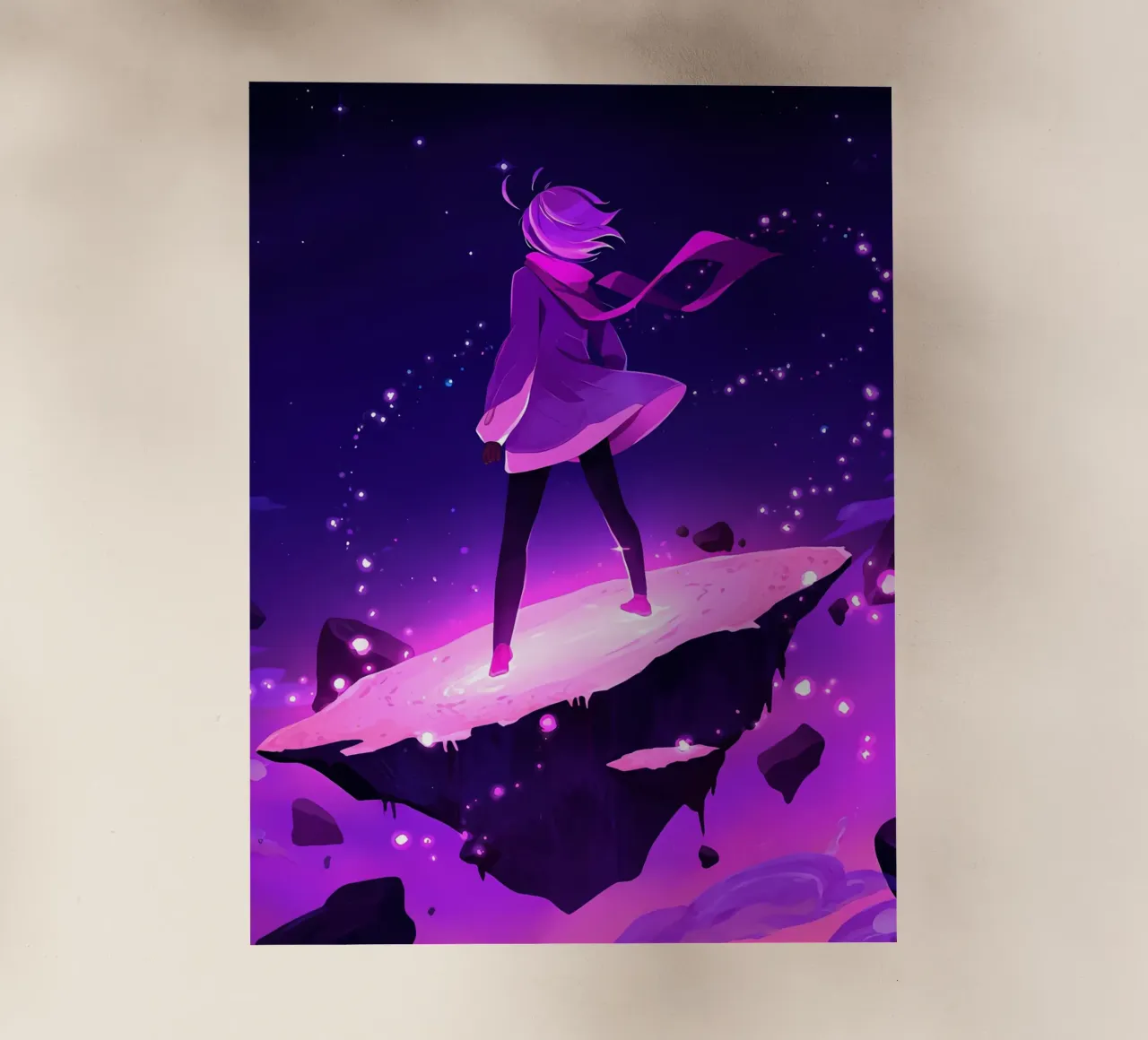 Una ragazza in piedi su un asteroide galleggiante Lofi Art pellicola backlit da LoFi Gallery