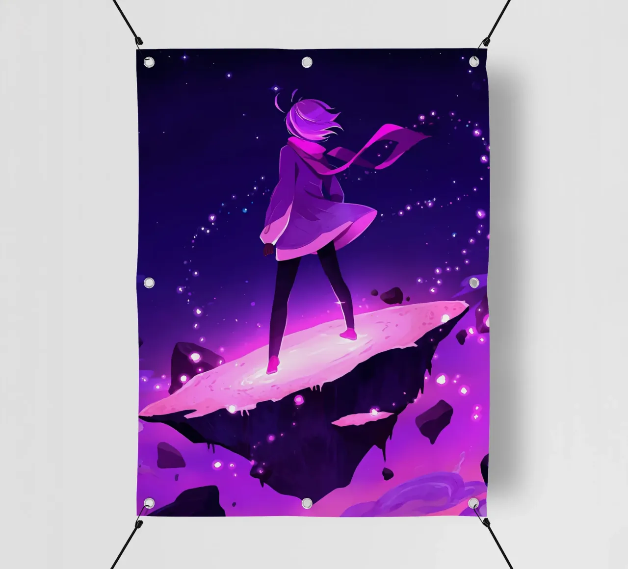 Una ragazza in piedi su un asteroide galleggiante Lofi Art telo in pvc da LoFi Gallery