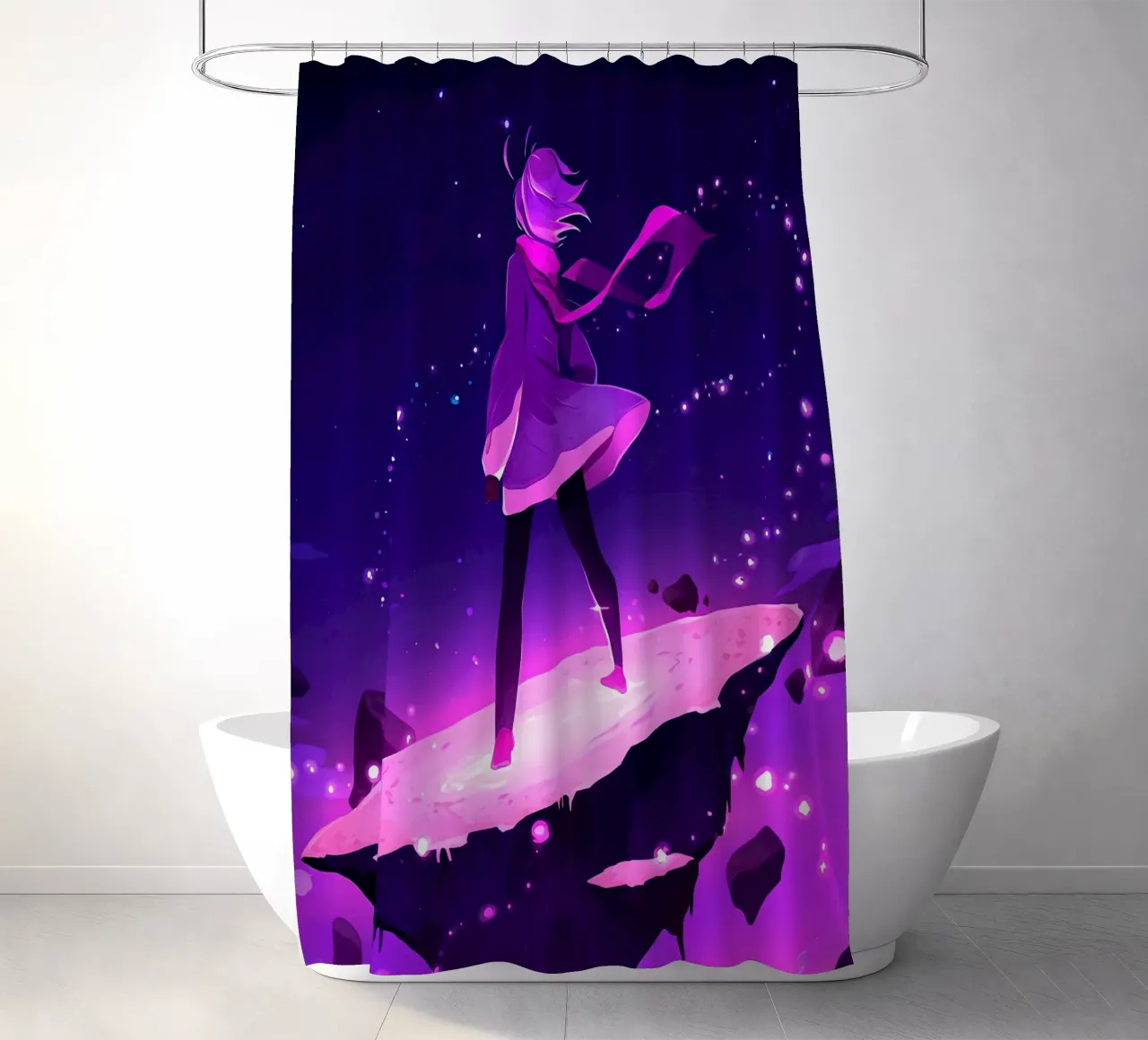 A Girl Standing Standing On A Floating Asteroid Lofi Art shower curtain by LoFi Gallery