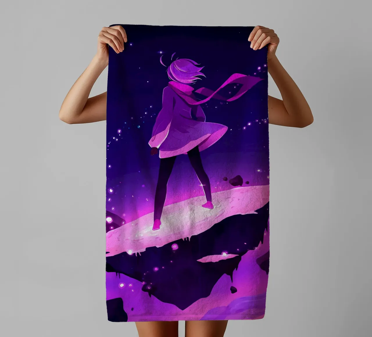 A Girl Standing Standing On A Floating Asteroid Lofi Art towel by LoFi Gallery