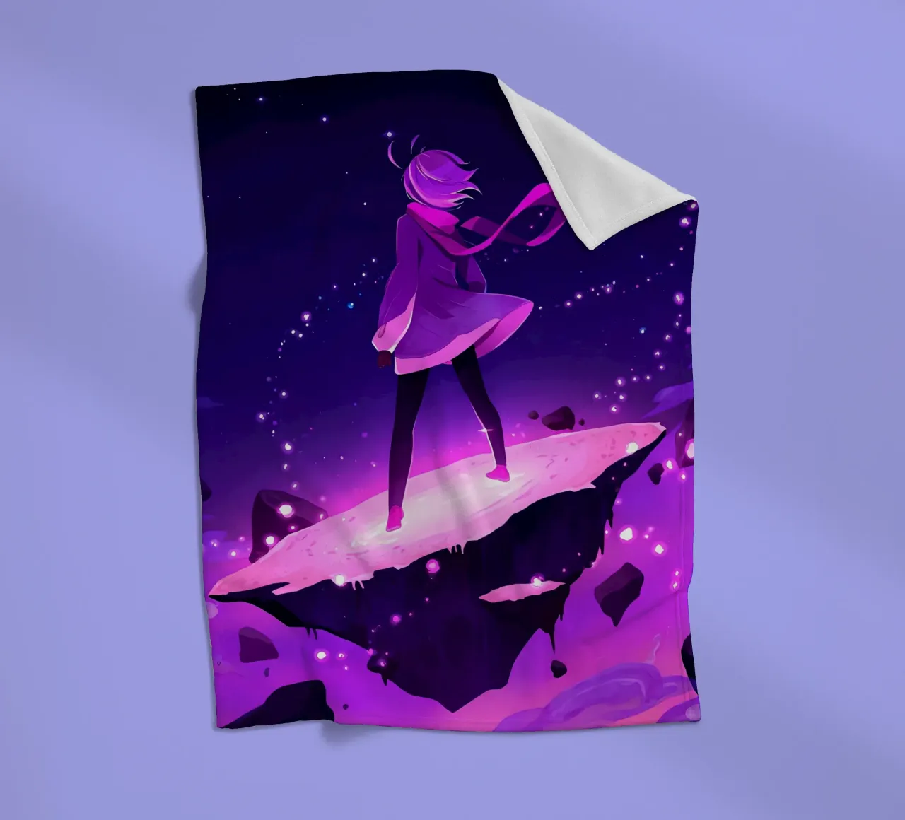 A Girl Standing Standing On A Floating Asteroid Lofi Art fleece blanket by LoFi Gallery