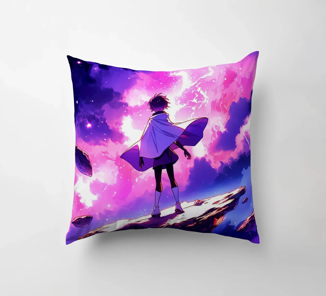 Una ragazza in piedi su un asteroide nello spazio Lofi Art cuscino da LoFi Gallery