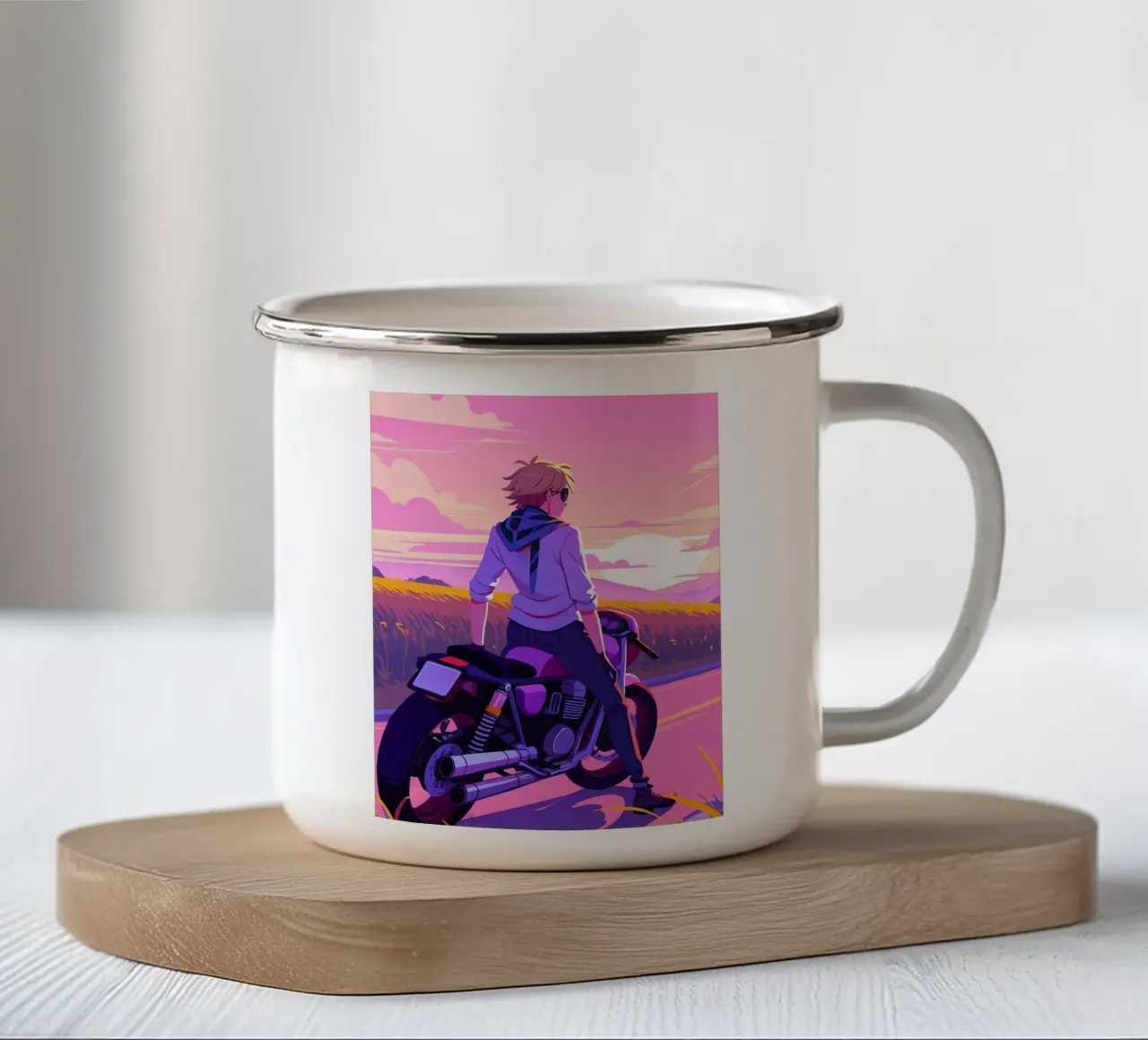 Un ragazzo seduto su una moto Lofi Art tazza in smalto da LoFi Gallery