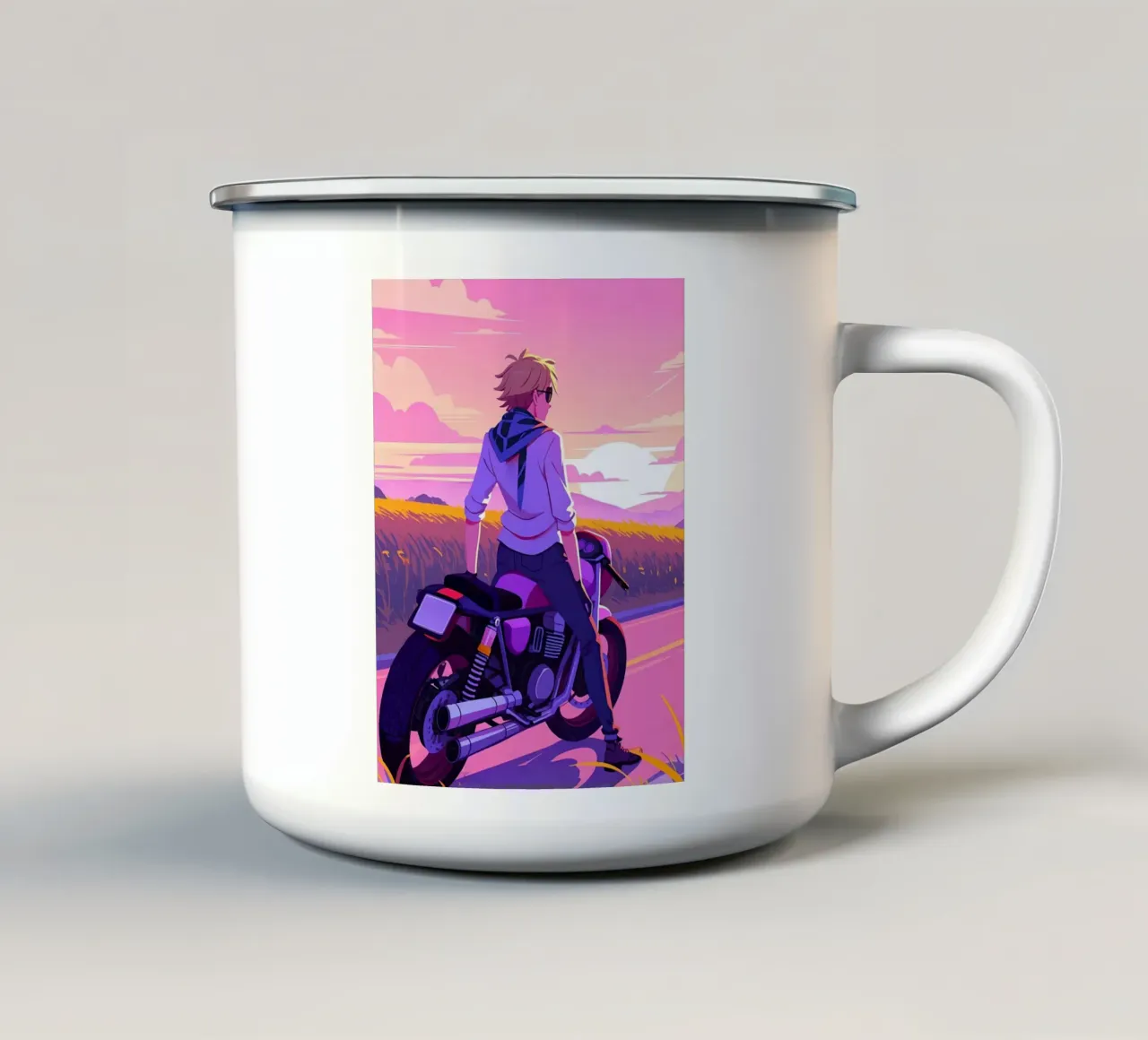 Un ragazzo seduto su una moto Lofi Art tazza in smalto da LoFi Gallery