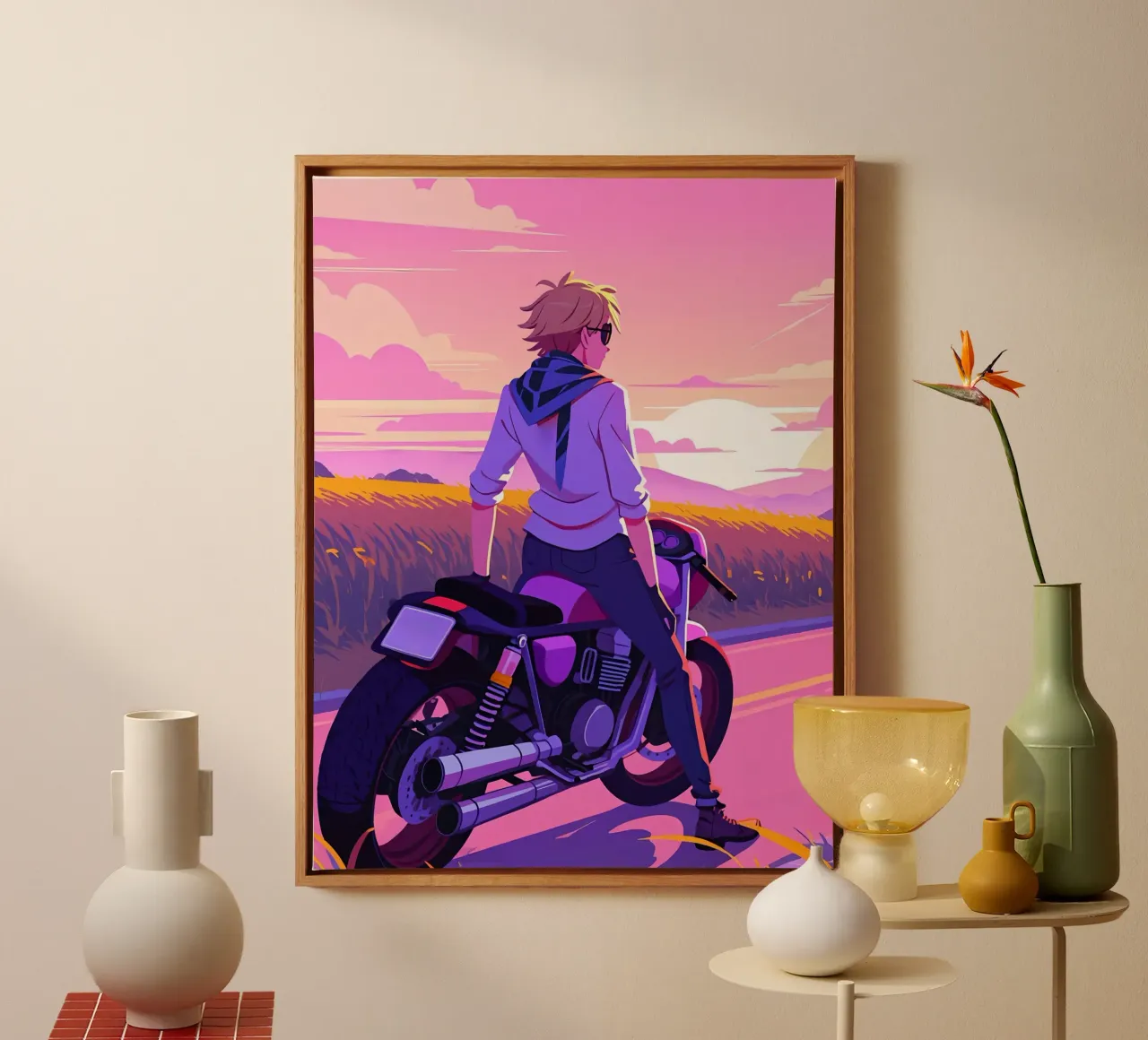 Un ragazzo seduto su una moto Lofi Art tela con Cornice a cassetta da LoFi Gallery