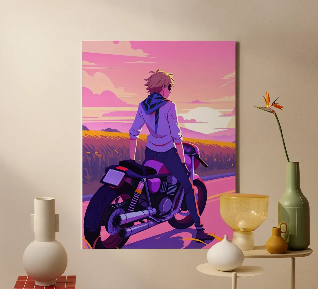 Un ragazzo seduto su una moto Lofi Art tela con Cornice a cassetta da LoFi Gallery