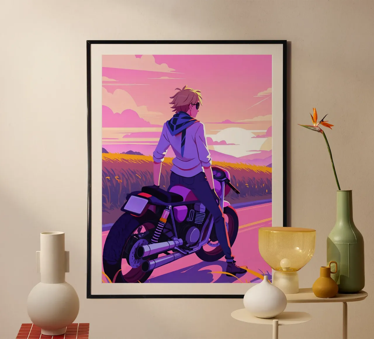 Un ragazzo seduto su una moto Lofi Art poster con telaio in plastica da LoFi Gallery