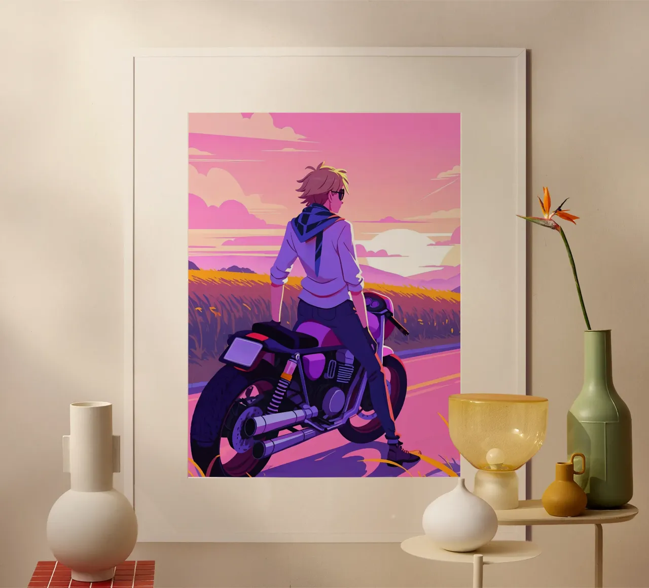 Un ragazzo seduto su una moto Lofi Art poster con telaio in plastica da LoFi Gallery