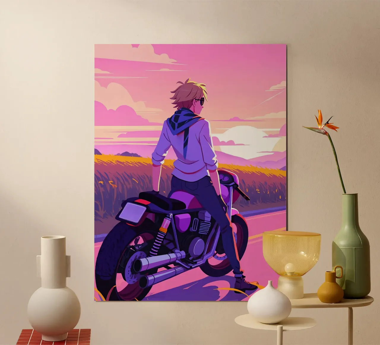 Un ragazzo seduto su una moto Lofi Art poster con telaio in plastica da LoFi Gallery