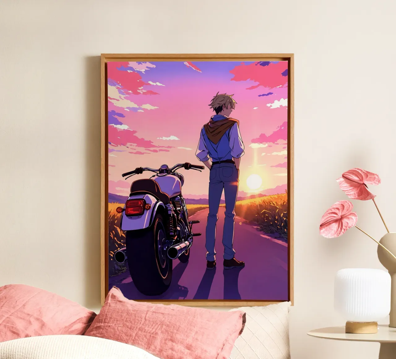 Ein Mann, der in der Nähe seines Motorrads steht Lofi Art Leinwand mit Schattenfugenrahmen von LoFi Gallery