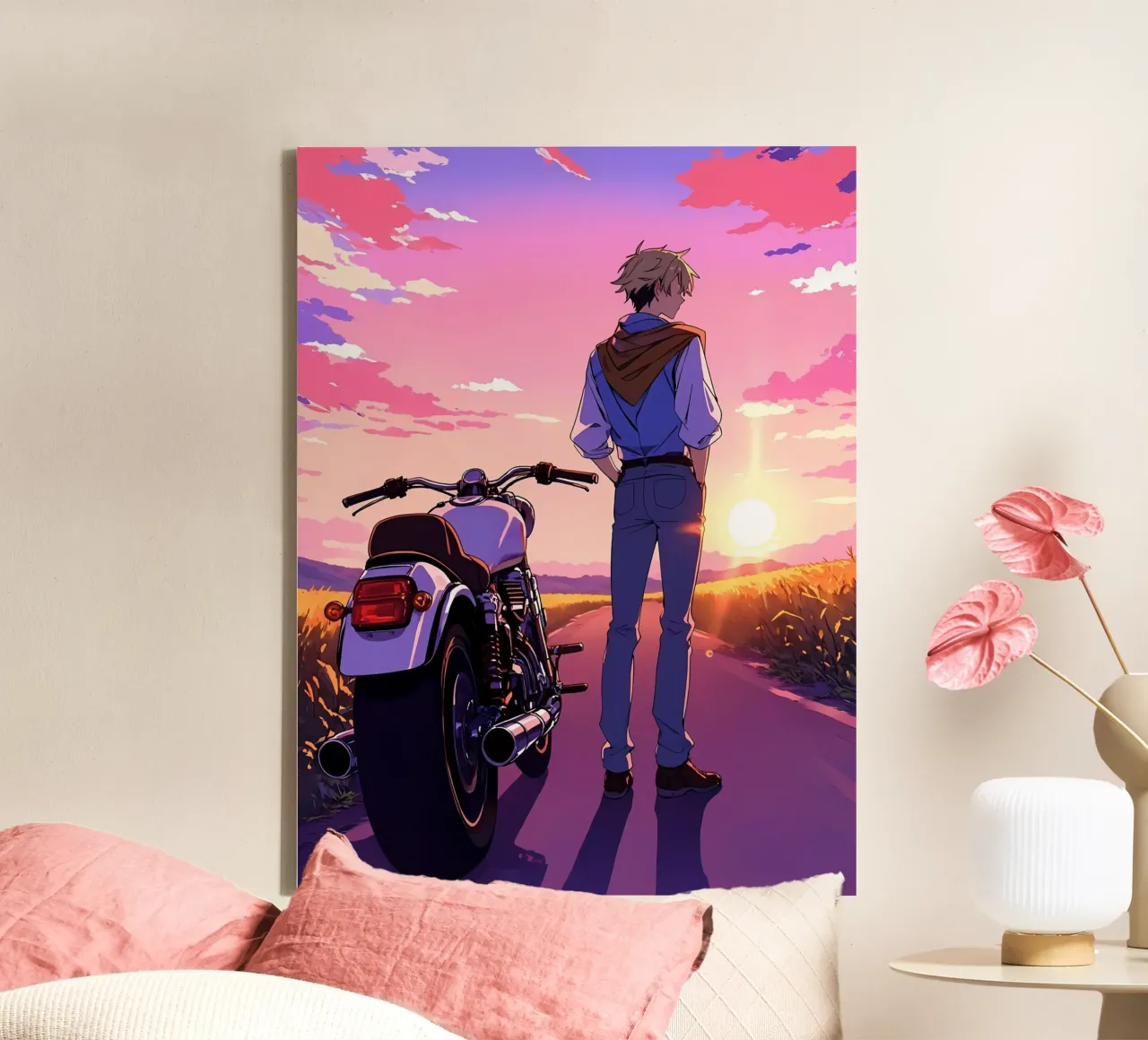 Ein Mann, der in der Nähe seines Motorrads steht Lofi Art Leinwand mit Schattenfugenrahmen von LoFi Gallery