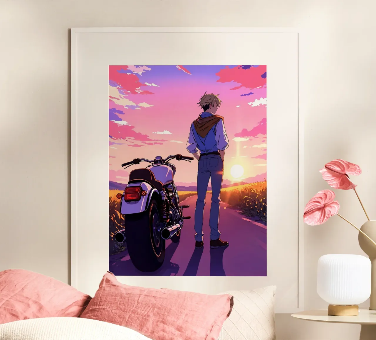 Ein Mann, der in der Nähe seines Motorrads steht Lofi Art Poster von LoFi Gallery
