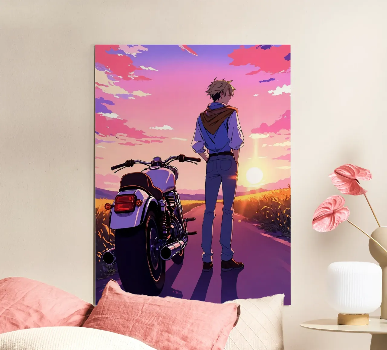 Ein Mann, der in der Nähe seines Motorrads steht Lofi Art Poster von LoFi Gallery