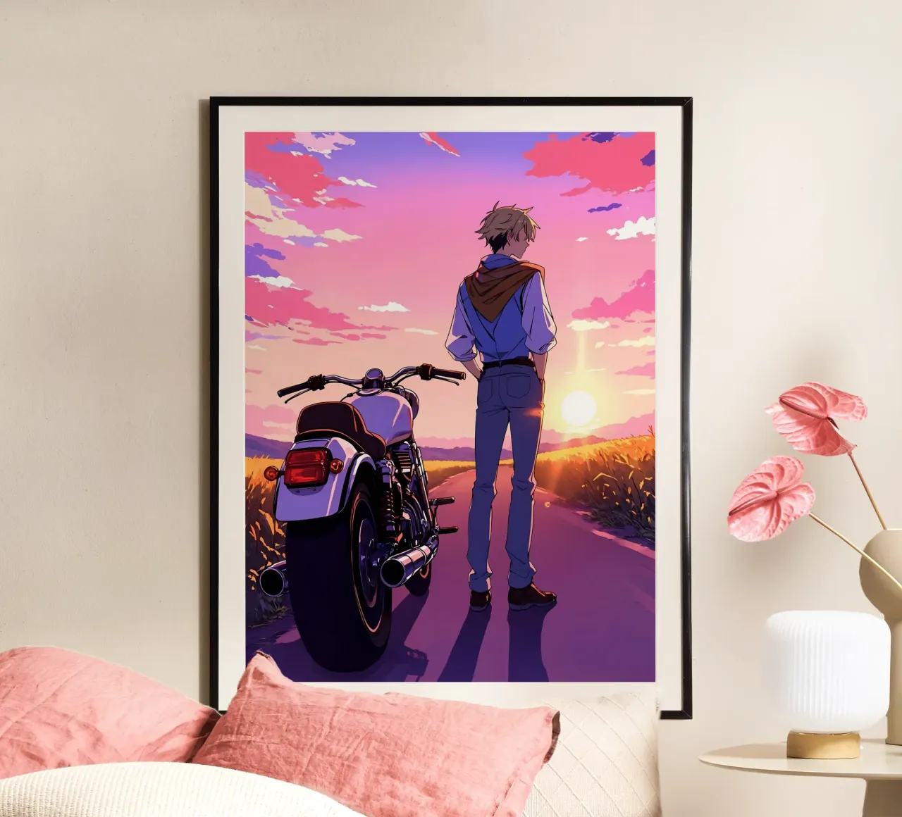 Ein Mann, der in der Nähe seines Motorrads steht Lofi Art Poster von LoFi Gallery