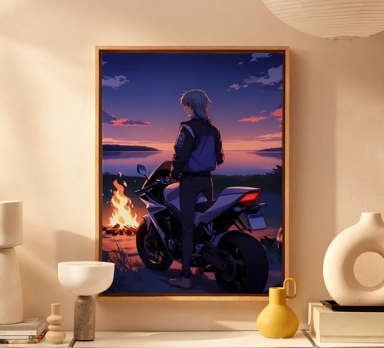 Man met motor bij kampvuur Lofi Art canvas met Baklijst van LoFi Gallery