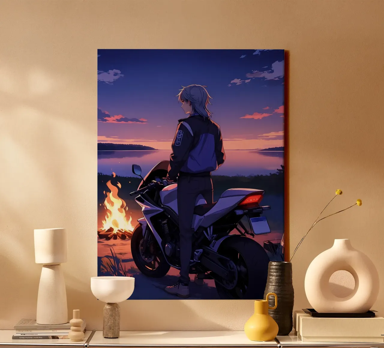 Man met motor bij kampvuur Lofi Art canvas met Baklijst van LoFi Gallery