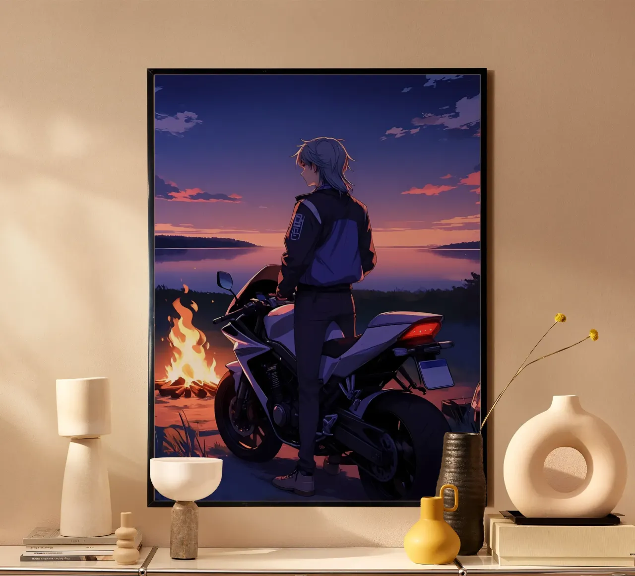 Un uomo in piedi con la sua moto vicino al fuoco Lofi Art poster da LoFi Gallery