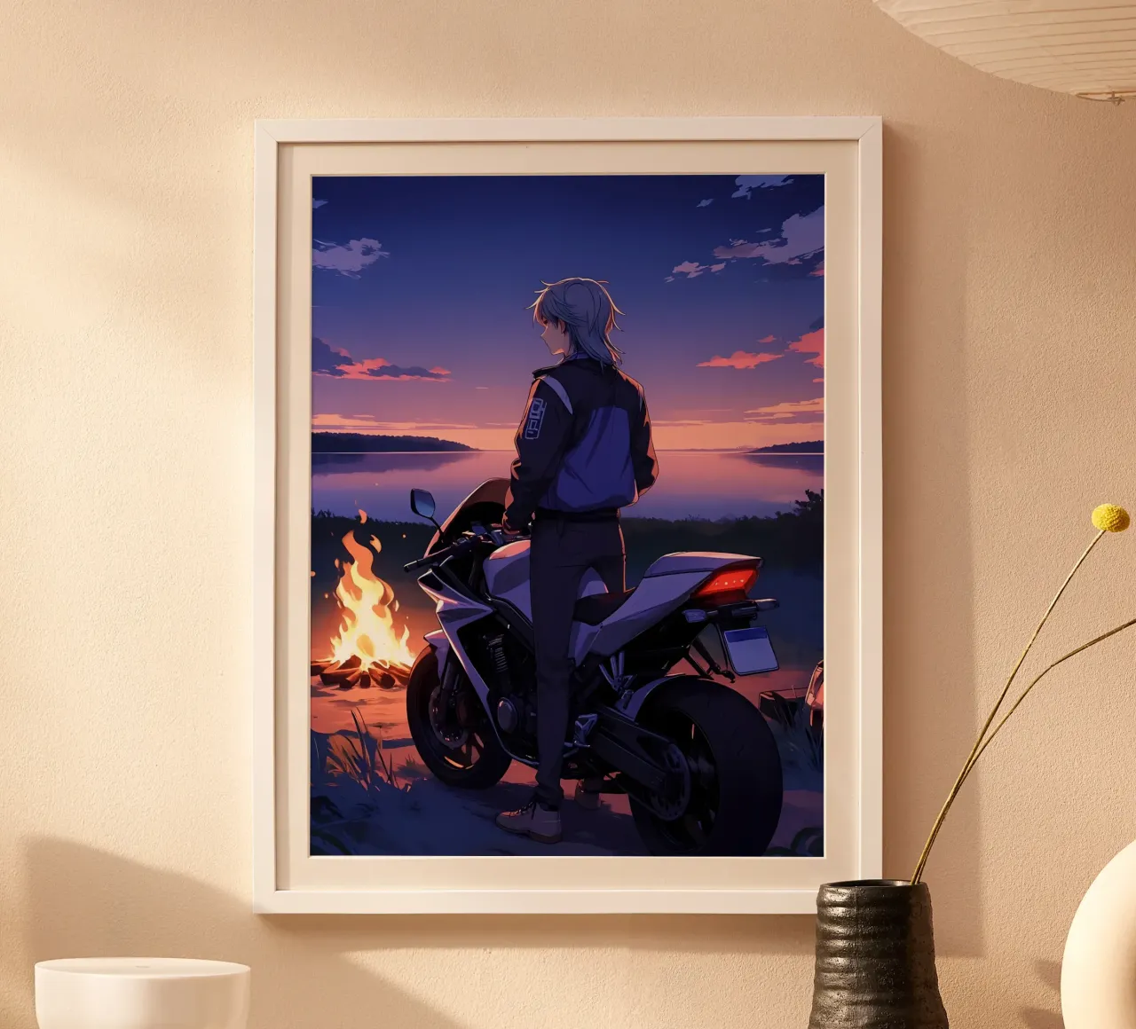Un uomo in piedi con la sua moto vicino al fuoco Lofi Art poster da LoFi Gallery