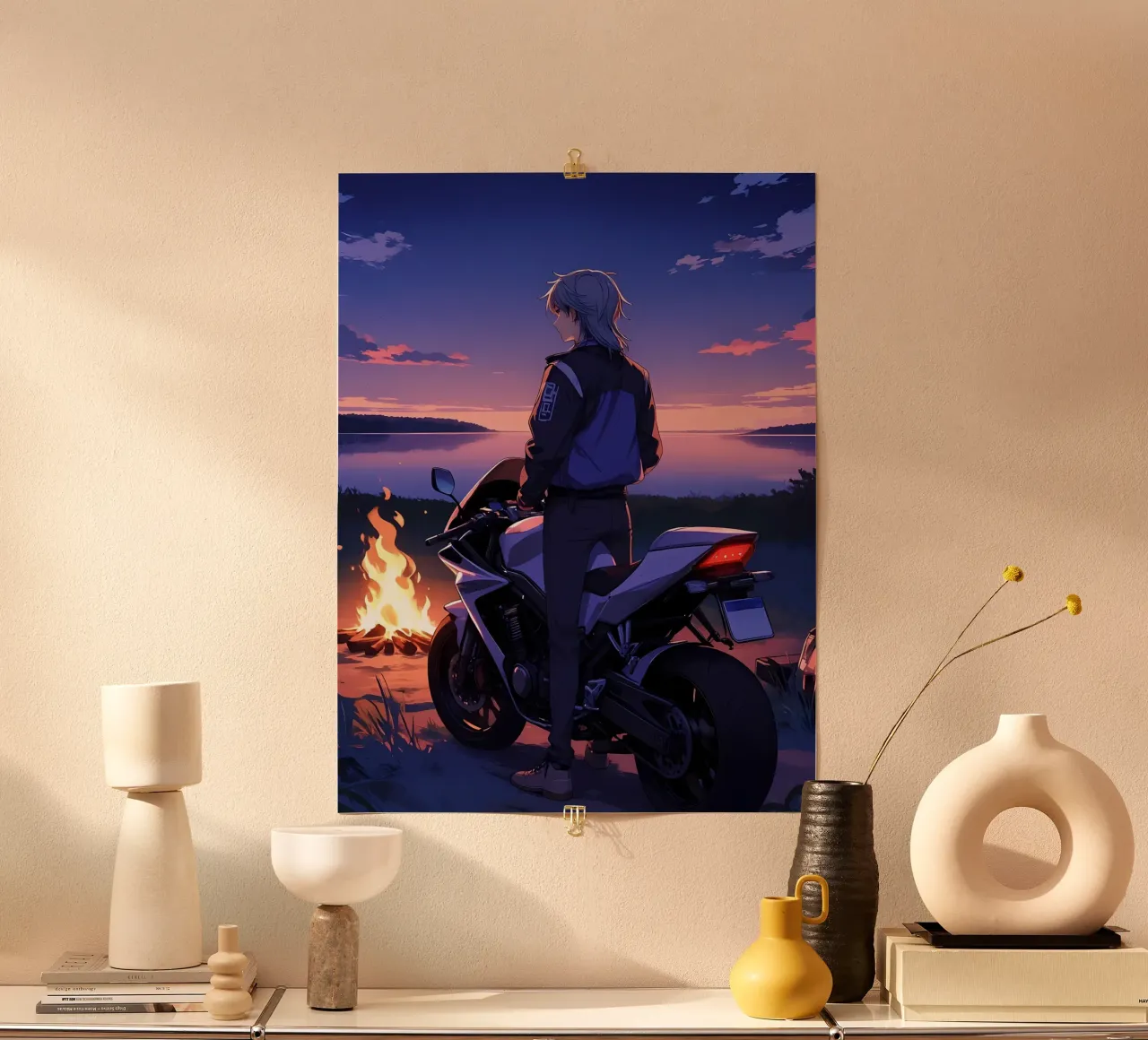 Un uomo in piedi con la sua moto vicino al fuoco Lofi Art poster da LoFi Gallery
