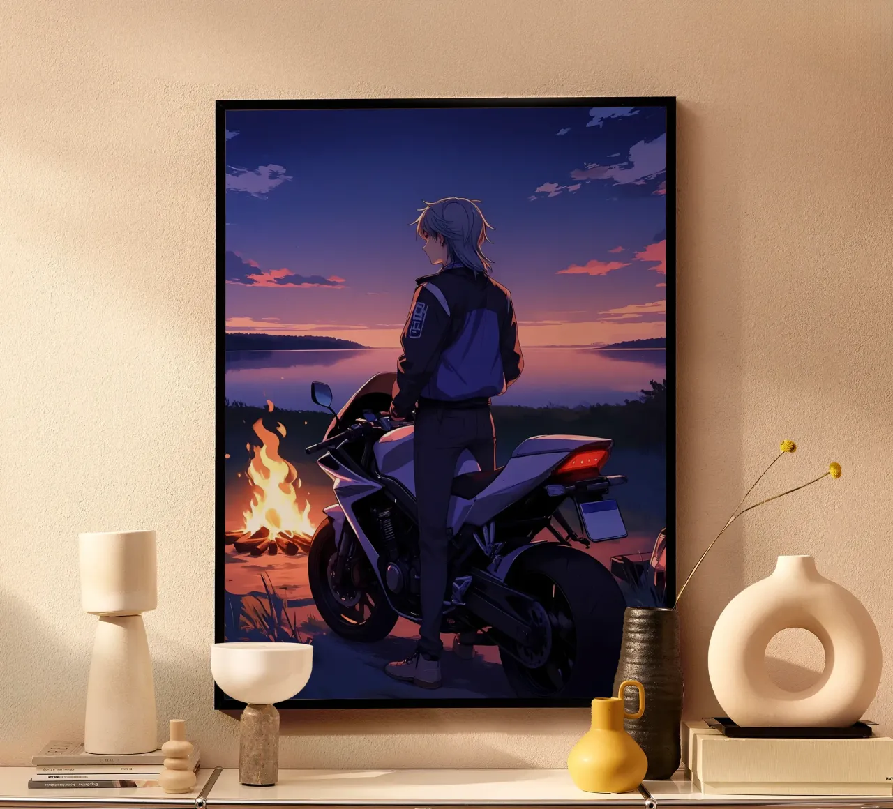 Un uomo in piedi con la sua moto vicino al fuoco Lofi Art poster da LoFi Gallery