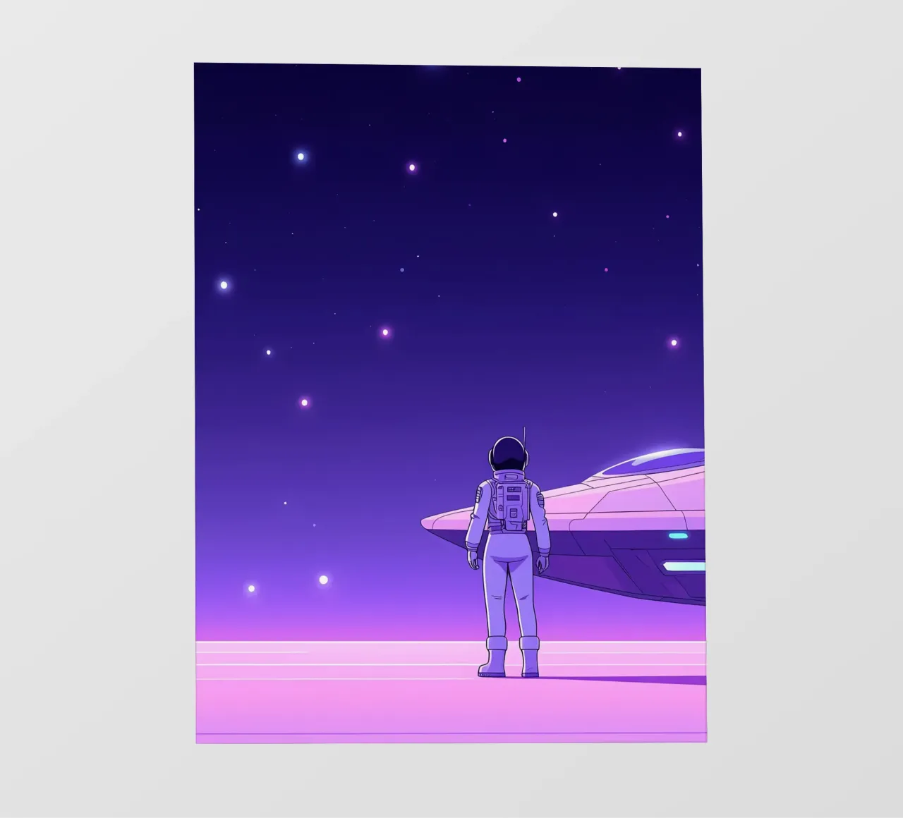 Un astronauta in piedi vicino all'astronave Lofi Art pellicola backlit da LoFi Gallery