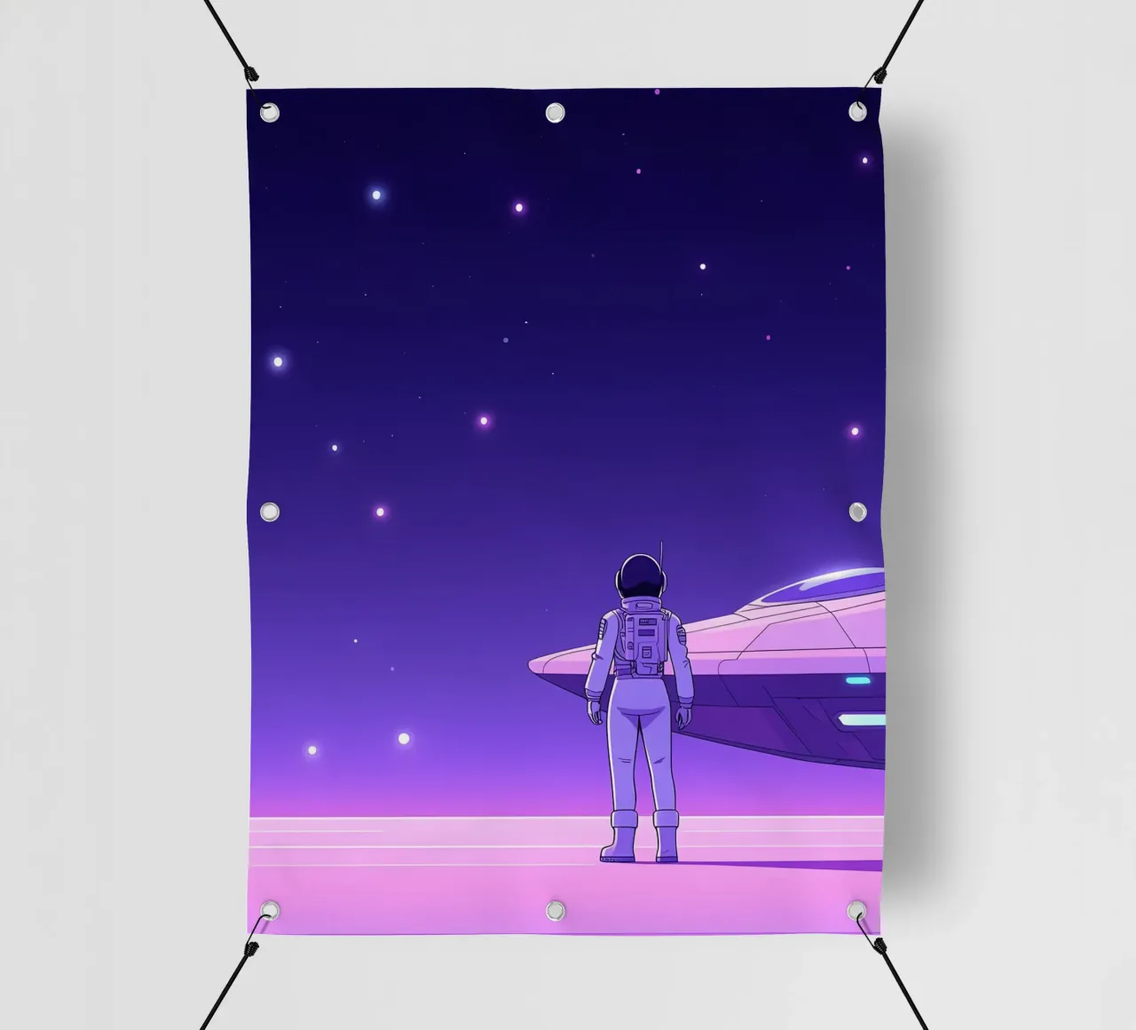 Un astronauta in piedi vicino all'astronave Lofi Art telo in pvc da LoFi Gallery