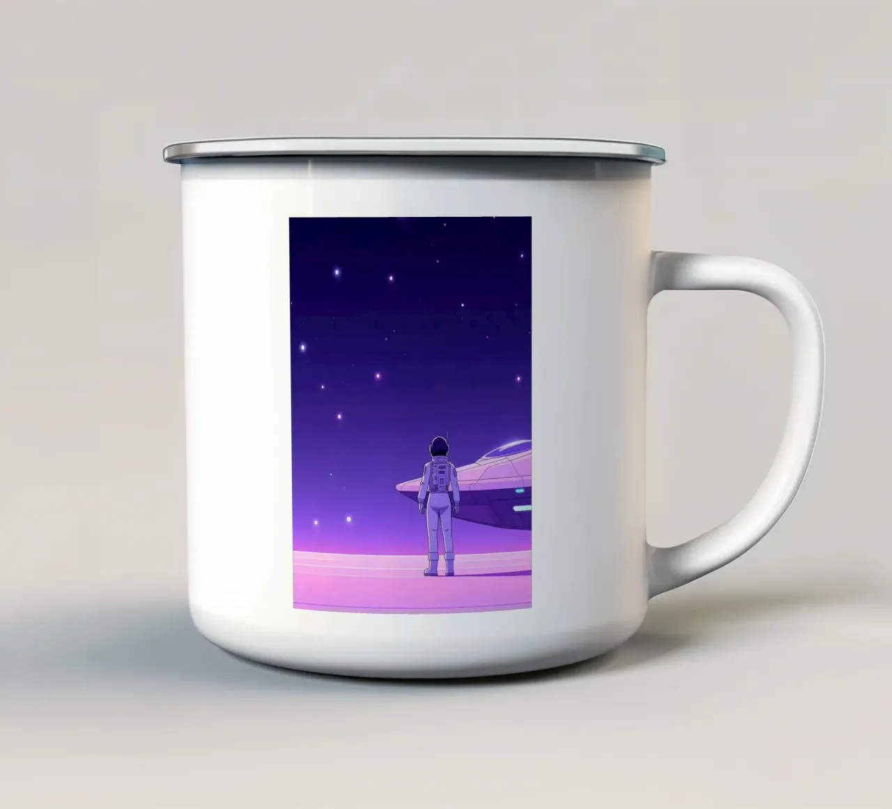 Un astronauta in piedi vicino all'astronave Lofi Art tazza in smalto da LoFi Gallery