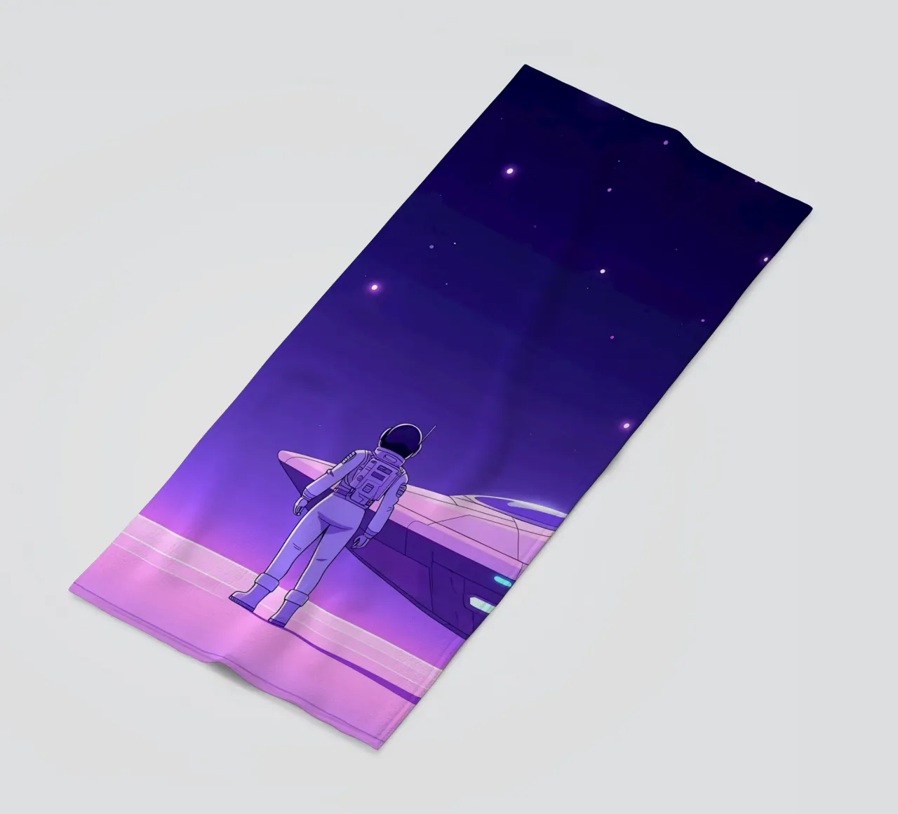 Un astronauta in piedi vicino all'astronave Lofi Art telo mare da LoFi Gallery