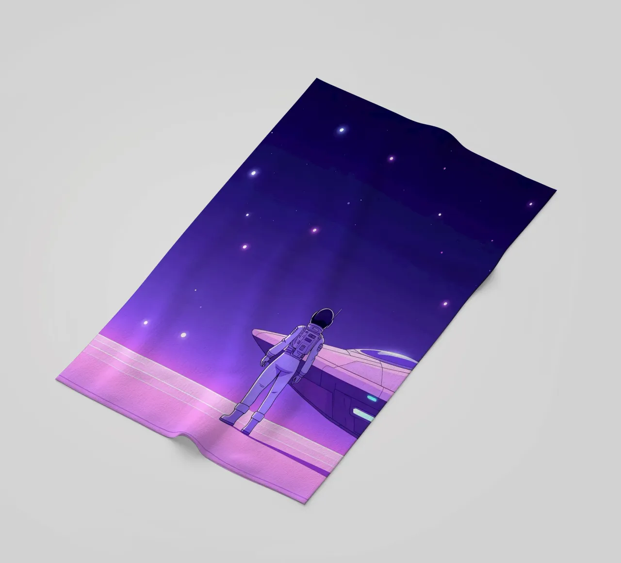 Un astronauta in piedi vicino all'astronave Lofi Art telo mare da LoFi Gallery