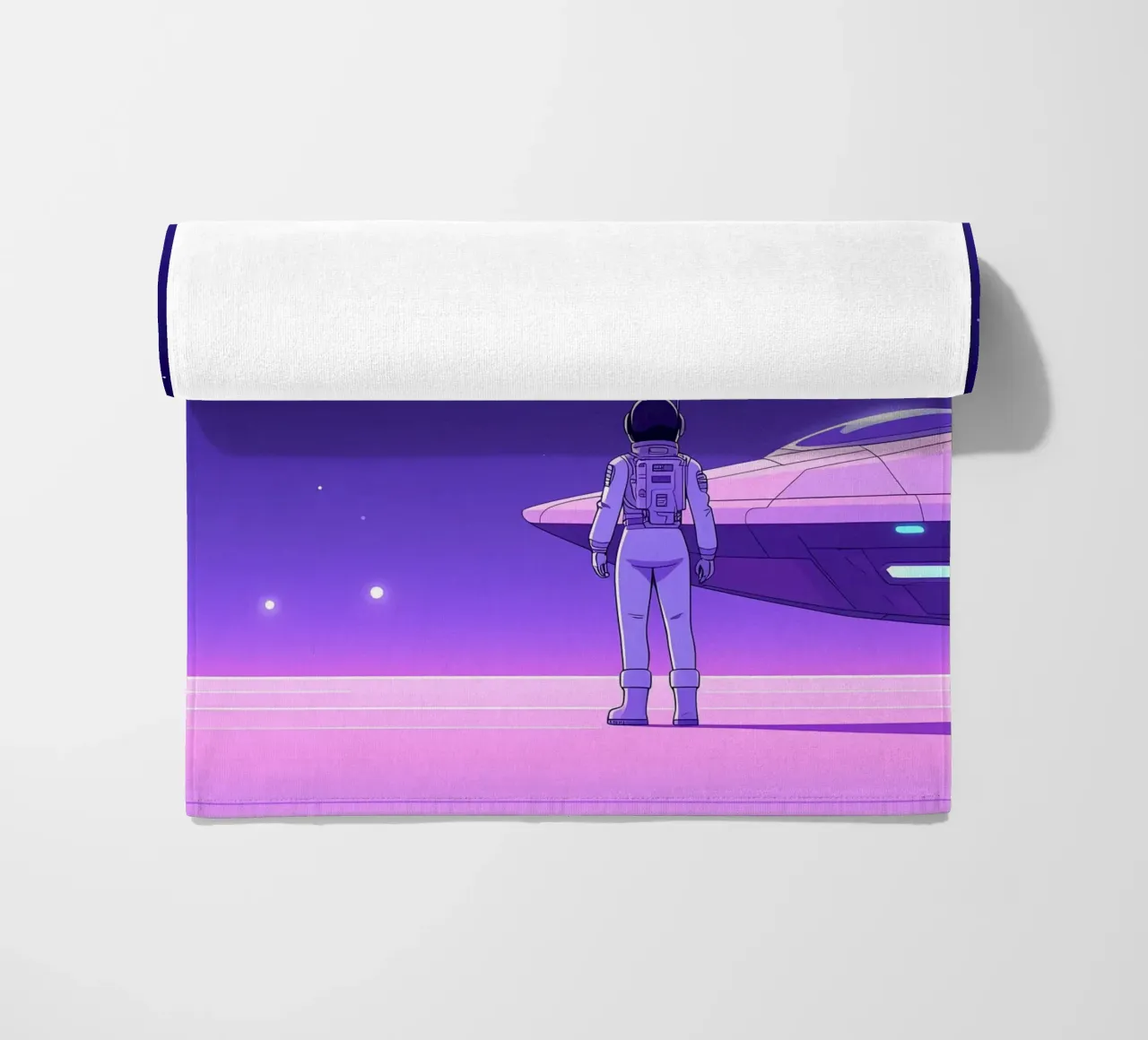 Un astronauta in piedi vicino all'astronave Lofi Art telo mare da LoFi Gallery