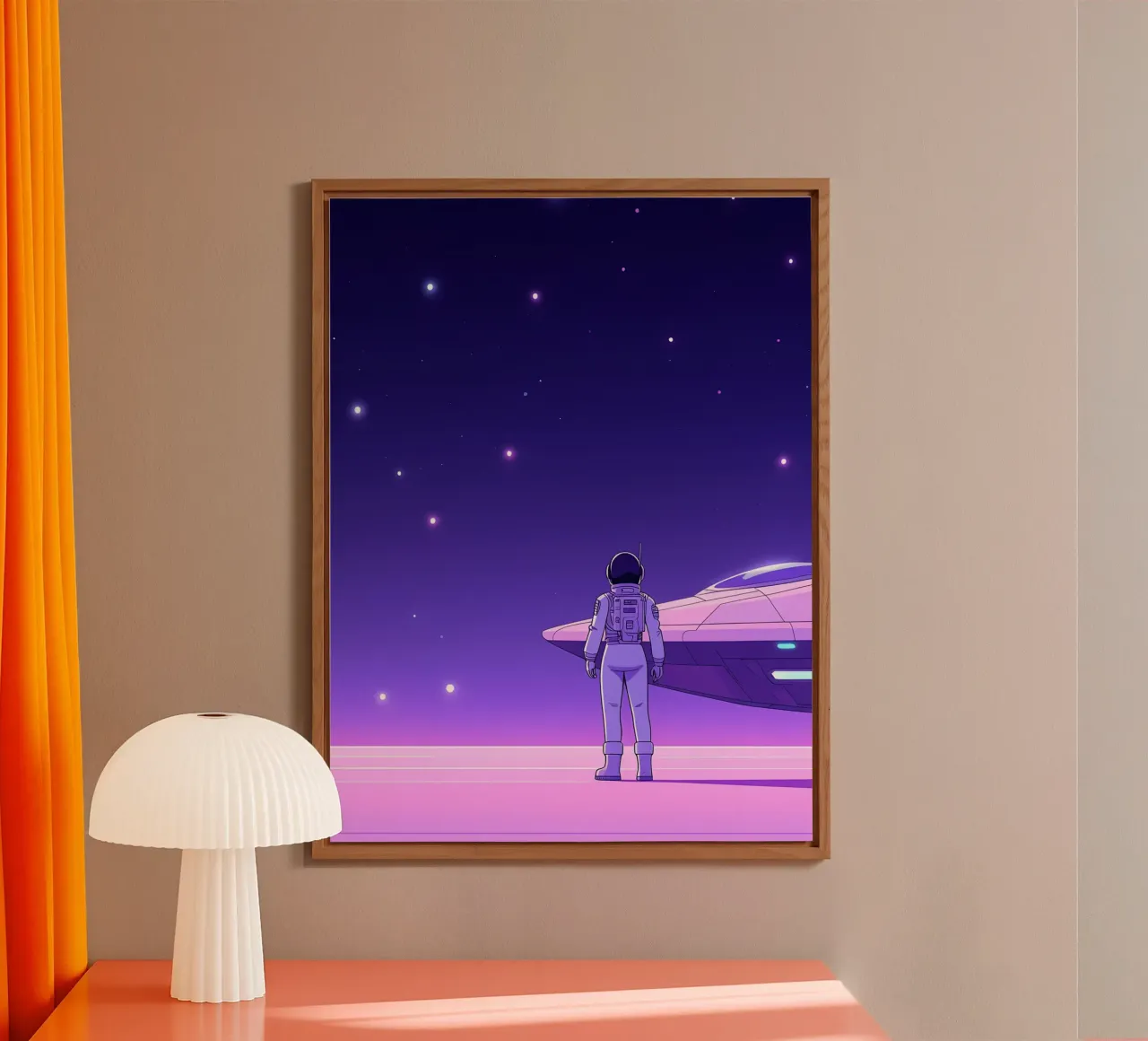 Un astronauta in piedi vicino all'astronave Lofi Art alluminio dibond da LoFi Gallery