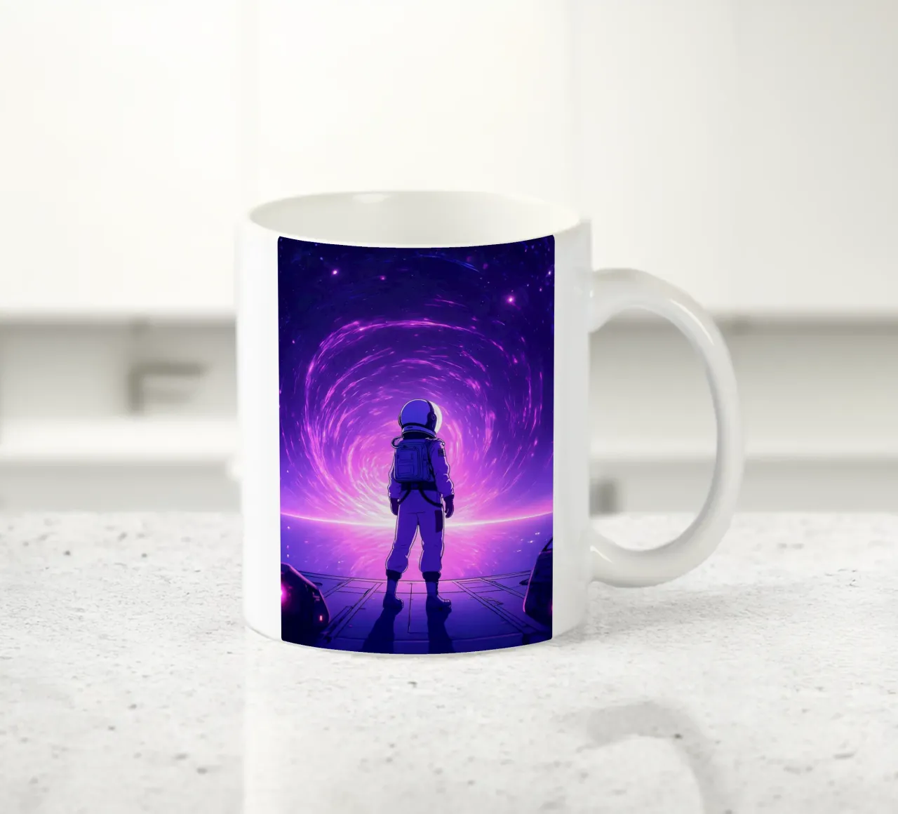 Un astronauta in piedi vicino al portale spaziale Lofi Art tazza in ceramica da LoFi Gallery