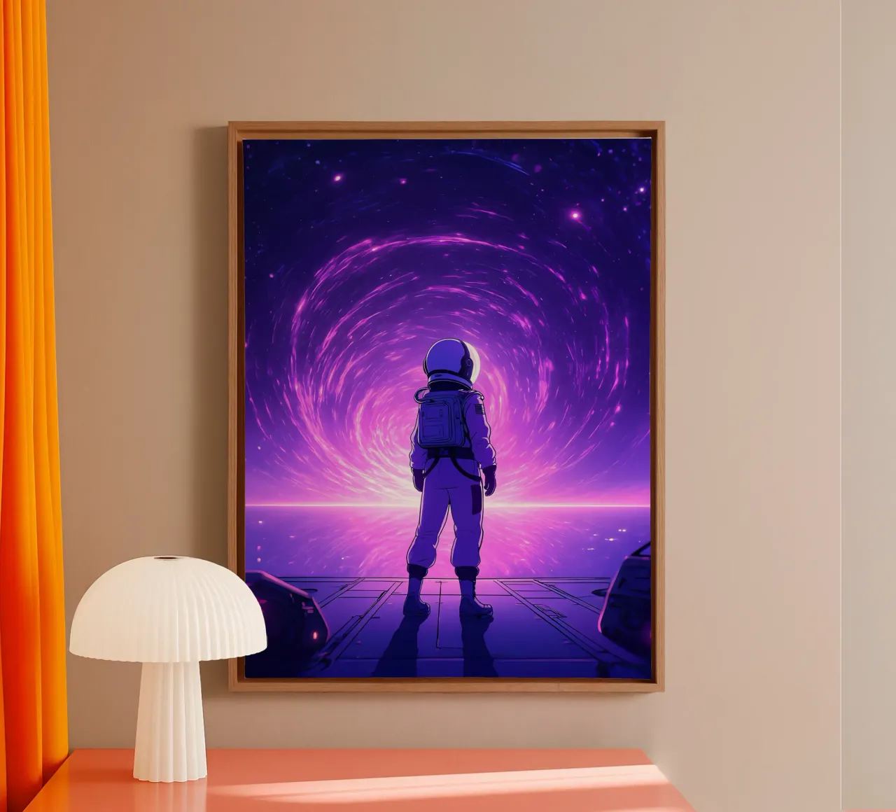 An Astronaut Standing Near Space Portal Lofi Art canvas with Floater frame by LoFi Gallery