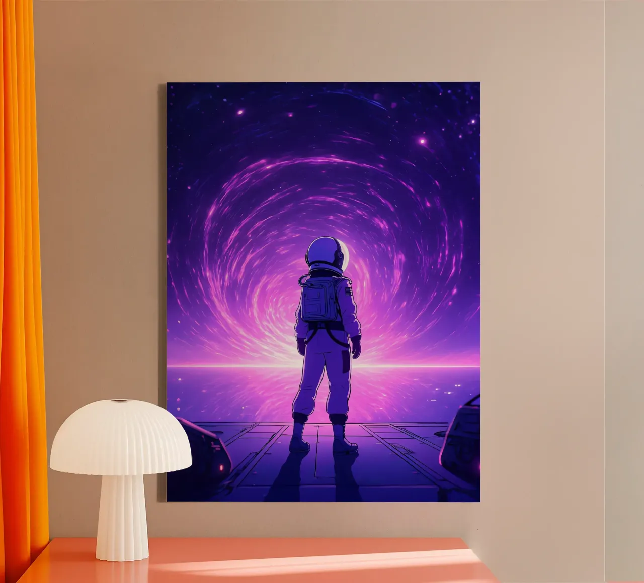 An Astronaut Standing Near Space Portal Lofi Art canvas with Floater frame by LoFi Gallery