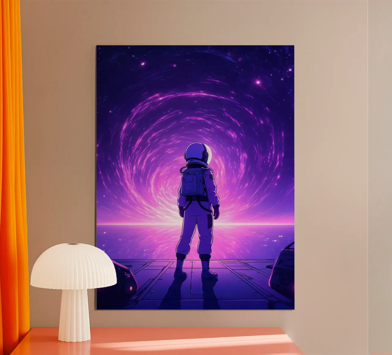 Un astronauta in piedi vicino al portale spaziale Lofi Art poster con telaio in alluminio da LoFi Gallery