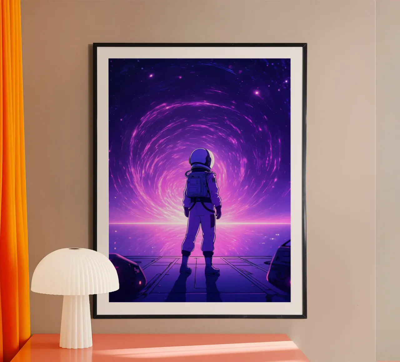 Un astronauta in piedi vicino al portale spaziale Lofi Art poster con telaio in alluminio da LoFi Gallery