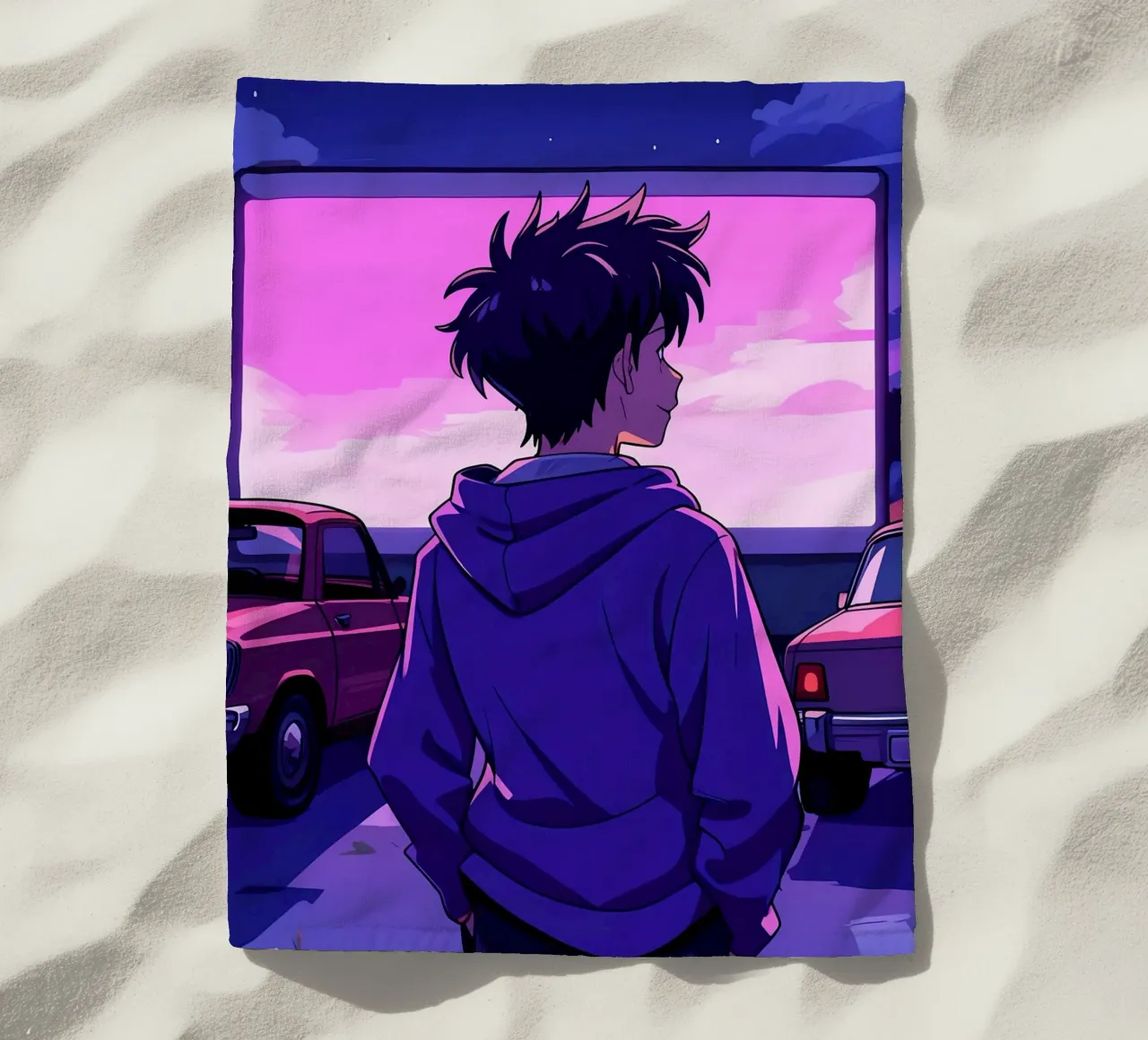 A Boy Watching Drive In Movie Lofi Art beach towel by LoFi Gallery