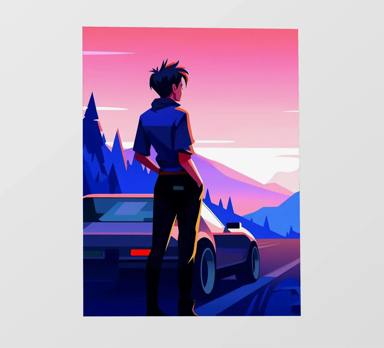 Un ragazzo in piedi vicino alla sua auto a Hillside Lofi Art pellicola backlit da LoFi Gallery