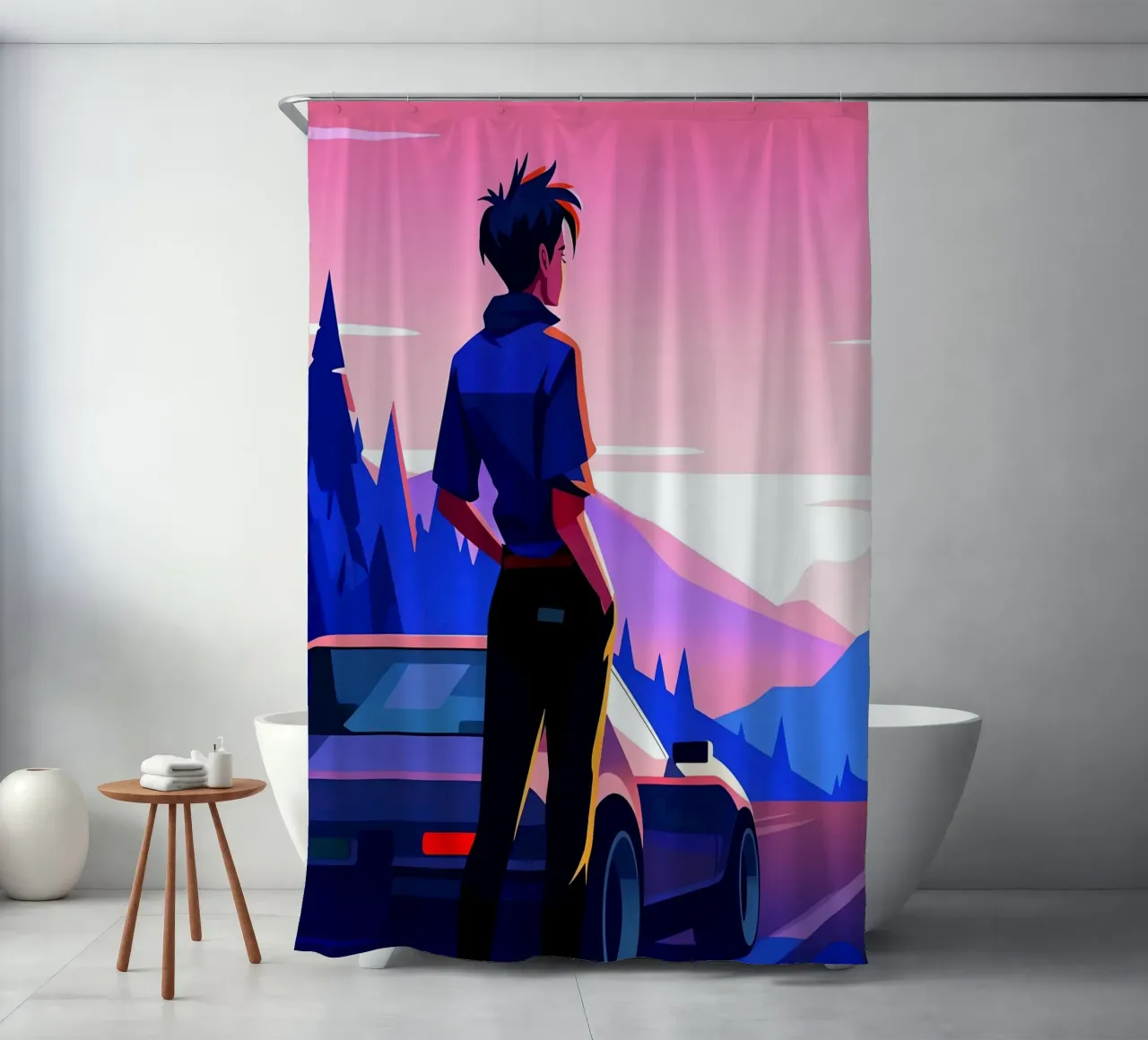 Ein Junge in der Nähe seines Autos am Hang Lofi Art stehend Duschvorhang von LoFi Gallery
