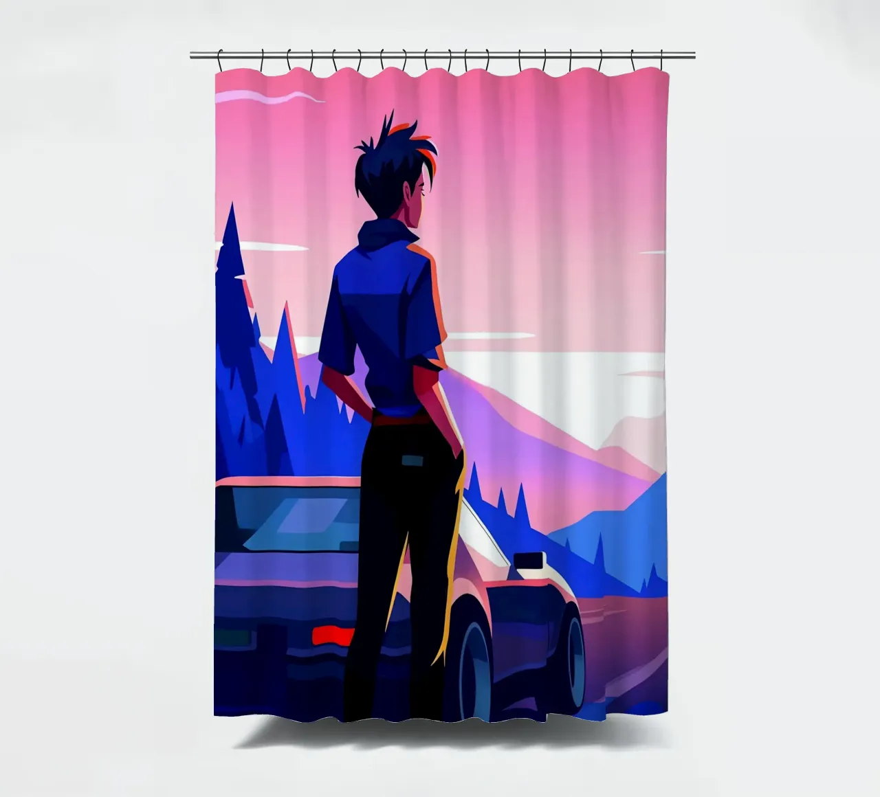 Ein Junge in der Nähe seines Autos am Hang Lofi Art stehend Duschvorhang von LoFi Gallery